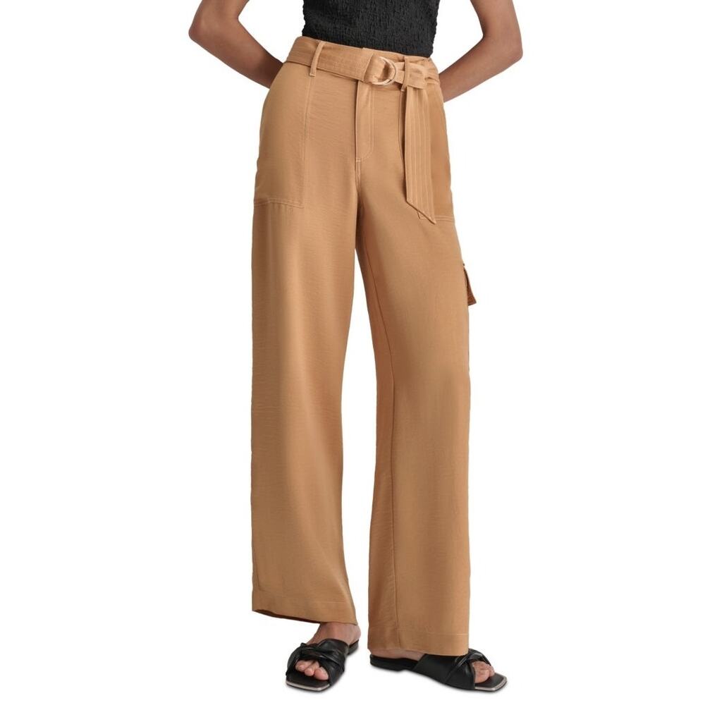 NEW DKNY Womens High Rise Belted Wide-Leg Cargo Pants Size 16 Tawney Yellow